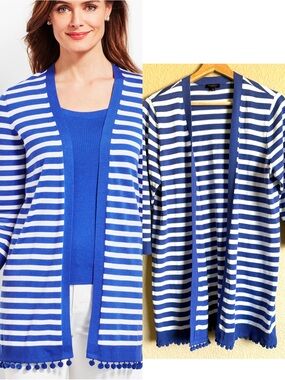 Talbots Natalie Strip Blue White Open-Front Pom Pom Hem Sweater Cardigan Size XP